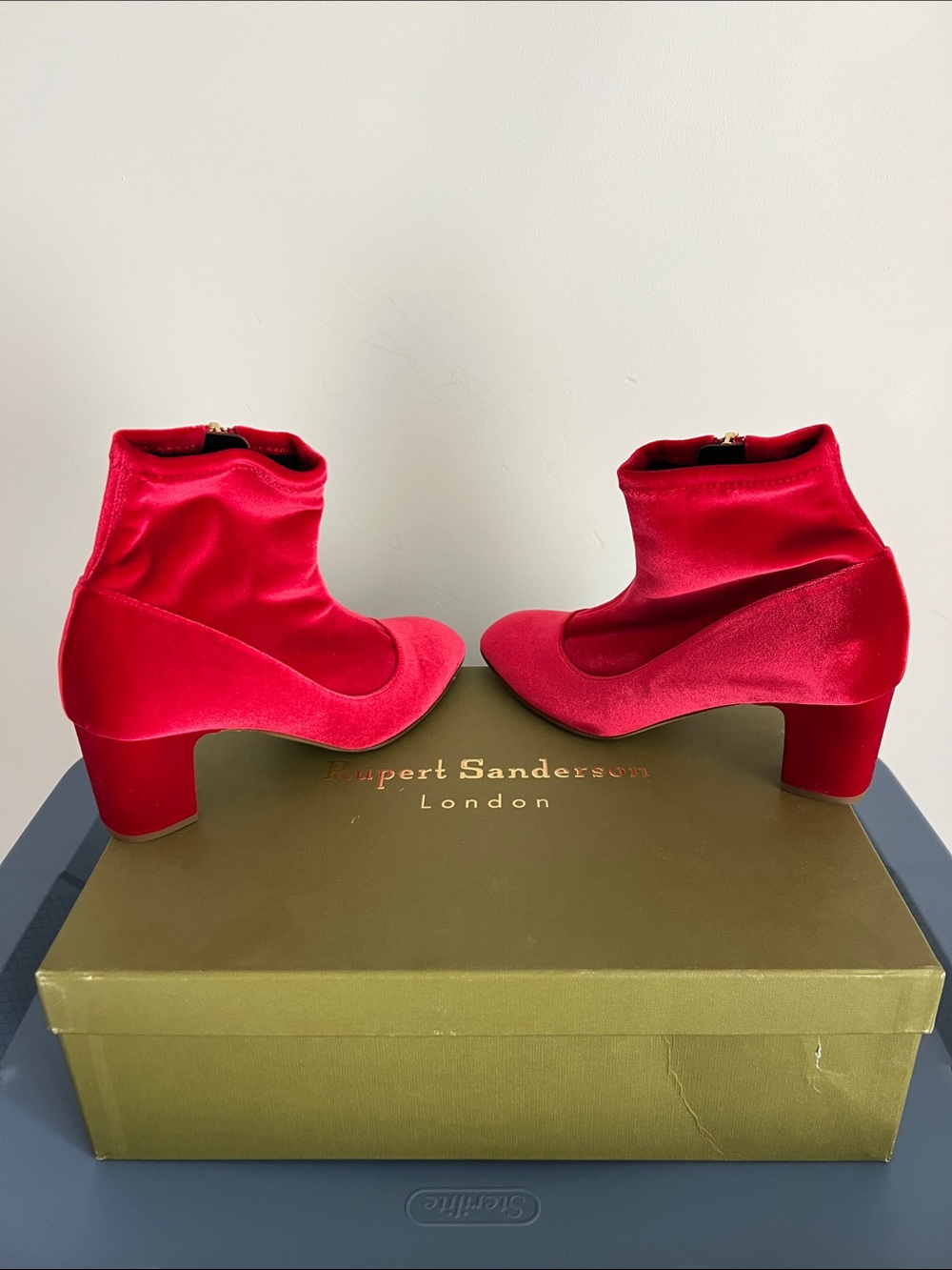 Rupert Sanderson fernie velvet stretch sangria red zip up booties ankle boots 38